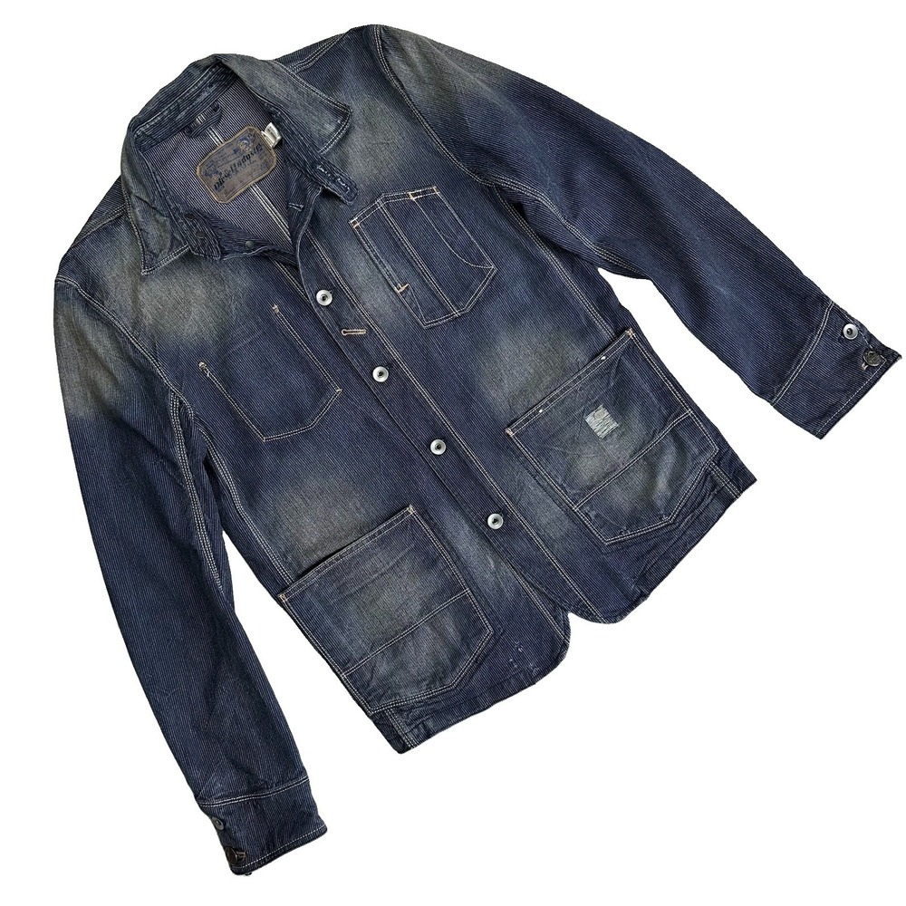 Diesel Railroad Stripe Denim Jacket Sanforized Chinstrap Men Medium Western Fade